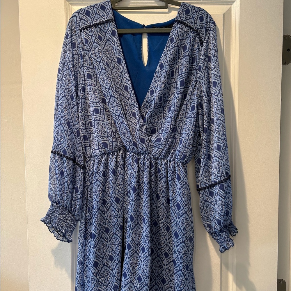 Zara Blue Geometric Long Sleeve Dress